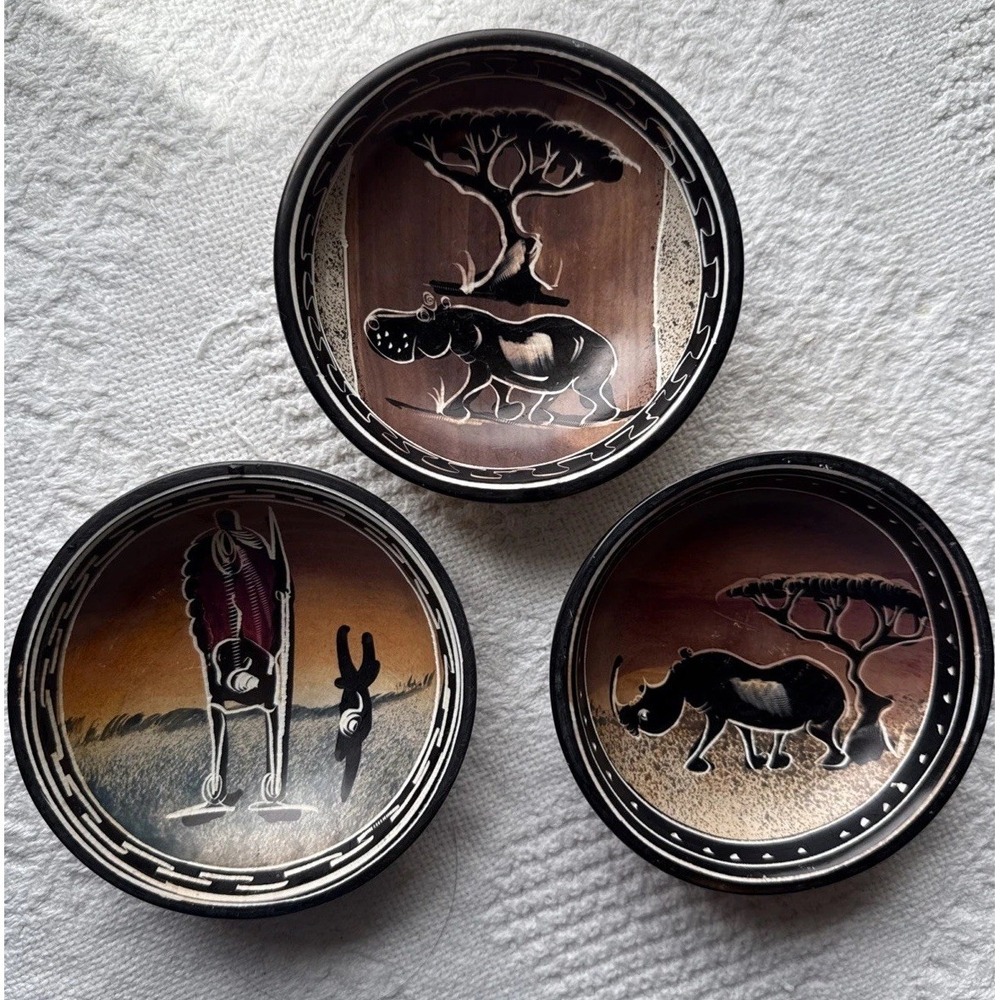 VTG 1970s African Safari Soapstone Trinket Dish X3 Wildlife Art 4" D Tribal‎ MCM